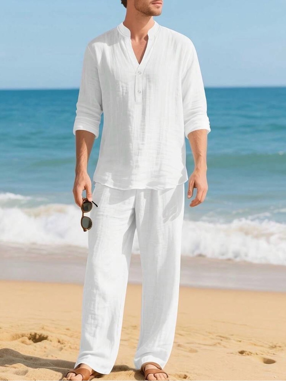 Men's White Long-Sleeve Linen Henley Shirt